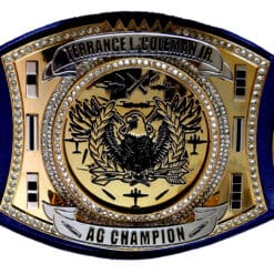 Championship belt with a custom spinner plate, perfect for military personnel and service recognition.