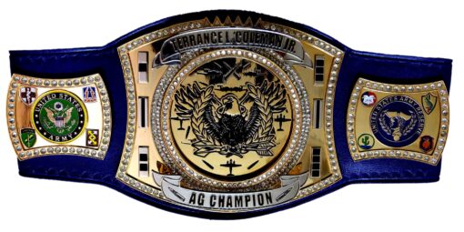 Championship belt with a custom spinner plate, perfect for military personnel and service recognition.