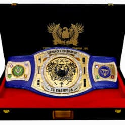 Customizable military spinner belt featuring a golden eagle center plate and personalized logos.