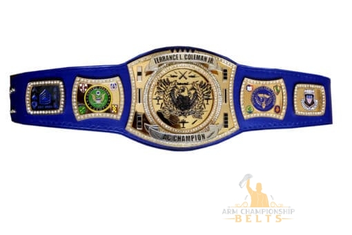 24k gold-plated U.S. Army custom championship belt with engraved side plates and military insignias.