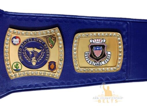 U.S. Army Reserve engraved logo on a customizable championship belt with 24k gold-plated side plates.