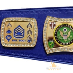 Custom military honor guard belt adorned with U.S. Army patches, ranks, and engravings.