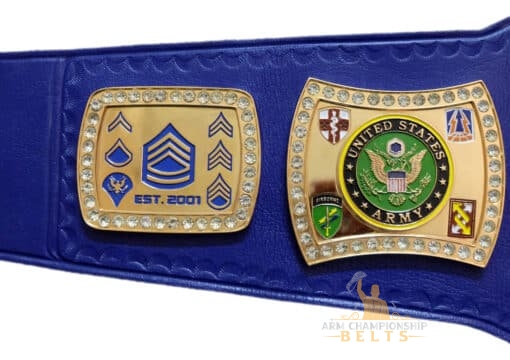 Custom military honor guard belt adorned with U.S. Army patches, ranks, and engravings.