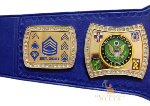 Custom military honor guard belt adorned with U.S. Army patches, ranks, and engravings.