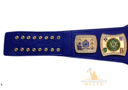 Custom championship belt featuring U.S. Army enlisted rank insignias from Private to Sergeant First Class.