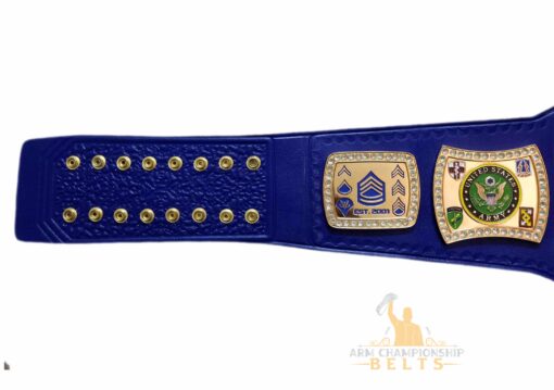 Custom championship belt featuring U.S. Army enlisted rank insignias from Private to Sergeant First Class.