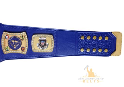 Custom military belt with “Defend and Serve 1775” inscription and personalized logos for officers.