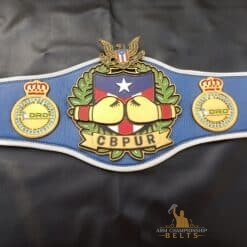 Premium boxing championship belt with 8mm thick deep engraving plates and stacked center plate logos.