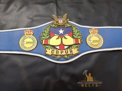 Premium boxing championship belt with 8mm thick deep engraving plates and stacked center plate logos.