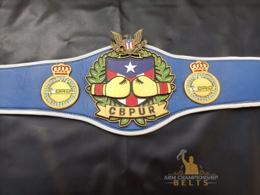 Premium boxing championship belt with 8mm thick deep engraving plates and stacked center plate logos.