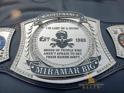 Explore the stunning front view of our Custom Maintenance Spinner Championship Belt, showcasing a personalized logo and banners that celebrate hard work.