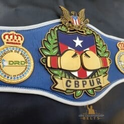 Personalized boxing belt for MMA and boxing events, featuring custom logos and stacked center plates.