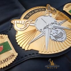 Engraved fantasy football belt with custom logos and team name