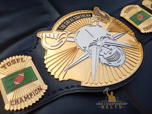 Engraved fantasy football belt with custom logos and team name