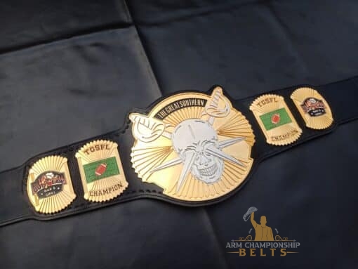 Customizable fantasy football belt with engraved logo and leather strap