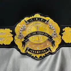 Corporate award championship belt featuring a black genuine leather strap and shiny chrome plates.