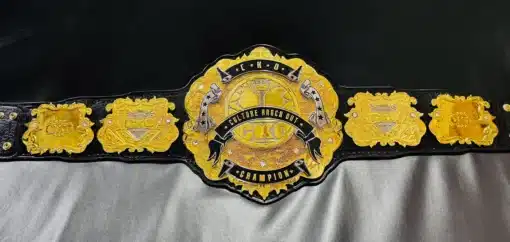 Corporate award championship belt featuring a black genuine leather strap and shiny chrome plates.