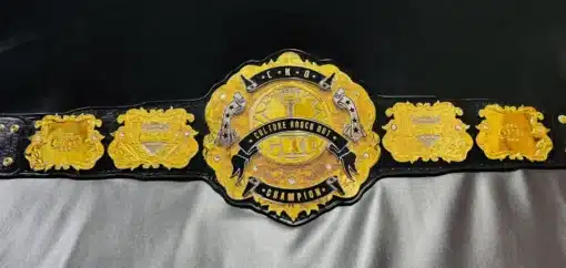 Corporate award championship belt featuring a black genuine leather strap and shiny chrome plates.