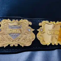 Custom corporate championship belt crafted with a genuine leather strap and high-quality metal plates.