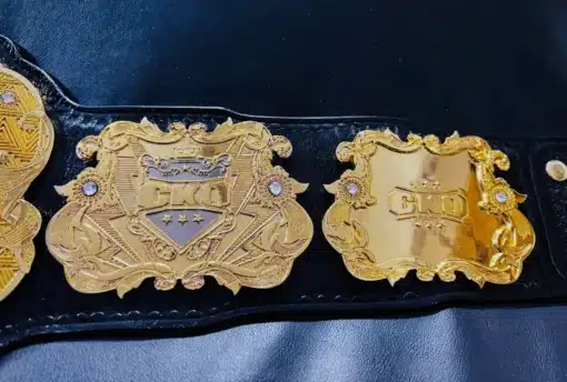 Custom corporate championship belt crafted with a genuine leather strap and high-quality metal plates.