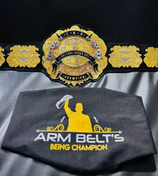 Championship belt with customizable options for corporate logos, text, and design, perfect for award events.