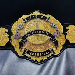 Close-up of a custom corporate championship belt with engraved logo on a multi-layered gold plate.