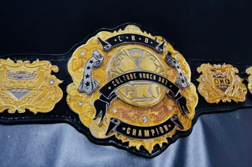 Detailed view of HD engraving on a premium corporate championship belt with gold and chrome finish.