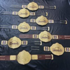 Premium custom championship belt for corporate awards and team recognition, designed with etched gold plates and genuine leather.