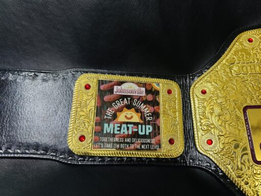 Handcrafted championship belt with 4mm etched plates, ideal for brand recognition and team awards.