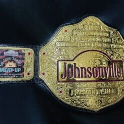 Custom Johnsonville Sausage World Champion belt for corporate recognition, crafted in high-quality gold and leather.