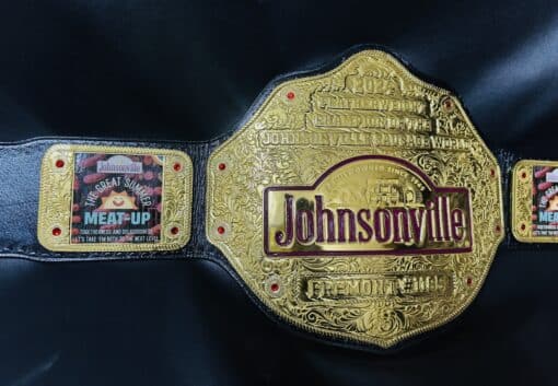 Custom Johnsonville Sausage World Champion belt for corporate recognition, crafted in high-quality gold and leather.