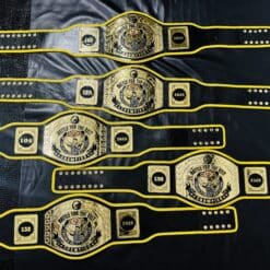 Custom-designed wrestling belt featuring deep-etched 4mm gold plates and a genuine leather strap for Temecula Valley Wrestling