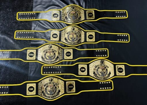 Custom-designed wrestling belt featuring deep-etched 4mm gold plates and a genuine leather strap for Temecula Valley Wrestling