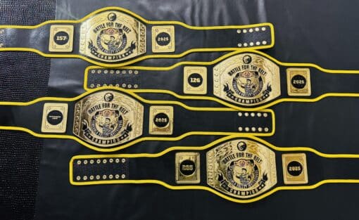 ARM Championship Belts custom wrestling championship belt for Temecula Valley High School with shiny gold plates and custom leather strap