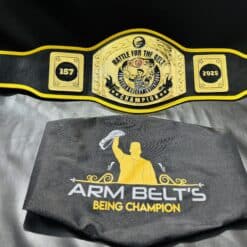 Fully customizable wrestling belt with logo, text, and custom artwork for schools and wrestling tournaments, made by ARM Championship Belts.