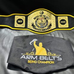 Fully customizable wrestling belt with logo, text, and custom artwork for schools and wrestling tournaments, made by ARM Championship Belts.