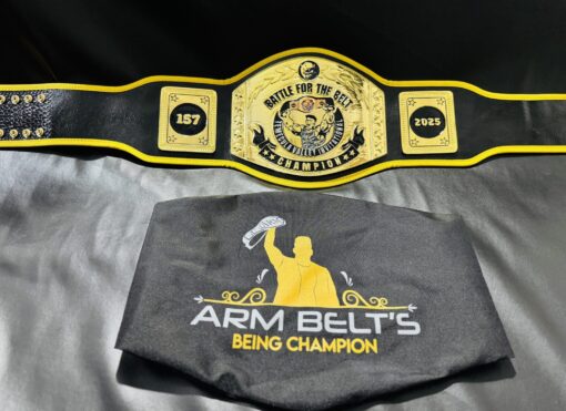 Fully customizable wrestling belt with logo, text, and custom artwork for schools and wrestling tournaments, made by ARM Championship Belts.