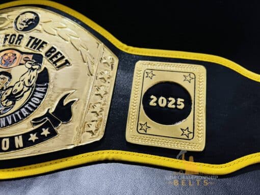 Exclusive wrestling championship belt with gold-plated deep-etched plates, created for Temecula Valley Wrestling Coach