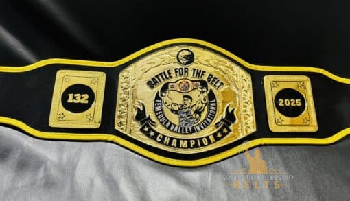 Bulk custom championship wrestling belts made with shiny gold plates, custom logos, and leather straps for school wrestling teams.