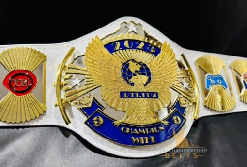 High-quality custom wrestling championship belt with etched plates and real leather, perfect for wrestling events.