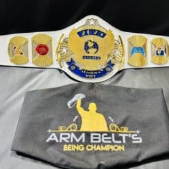 Fully customizable championship belt with zinc plates, personalized text, and genuine leather strap.