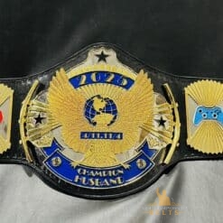 A fun, customizable party championship belt with colorful plates and leather strap, ideal for special occasions.