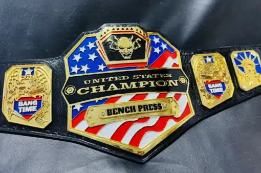 Engraved bench press championship belt with custom nameplate, perfect for fitness and weightlifting champions.