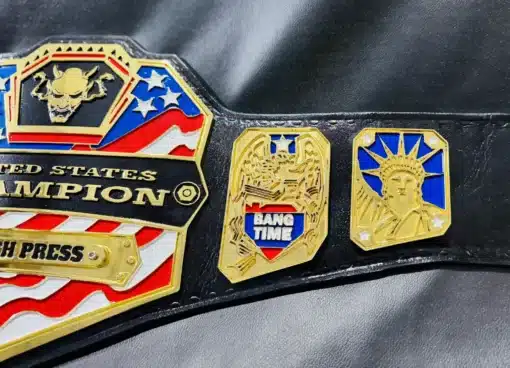 ully customizable gym champion belt with engraved United States flag and personalized nameplate.