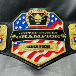 High-quality weightlifting championship belt featuring deep-engraved plates and United States flag design.