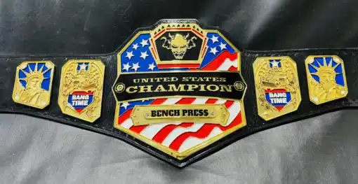 High-quality weightlifting championship belt featuring deep-engraved plates and United States flag design.