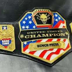 Premium personalized fitness championship belt with custom logos and text for weightlifting and bench press competitions.