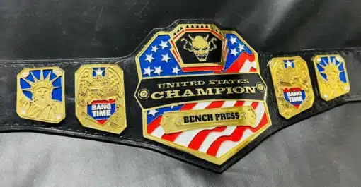 Premium personalized fitness championship belt with custom logos and text for weightlifting and bench press competitions.