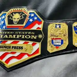 Custom USA-themed fitness championship belt with 52-inch genuine leather strap and snap fasteners.