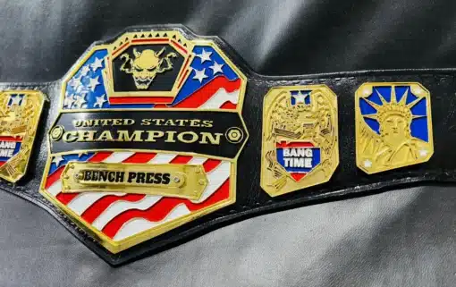 Custom USA-themed fitness championship belt with 52-inch genuine leather strap and snap fasteners.